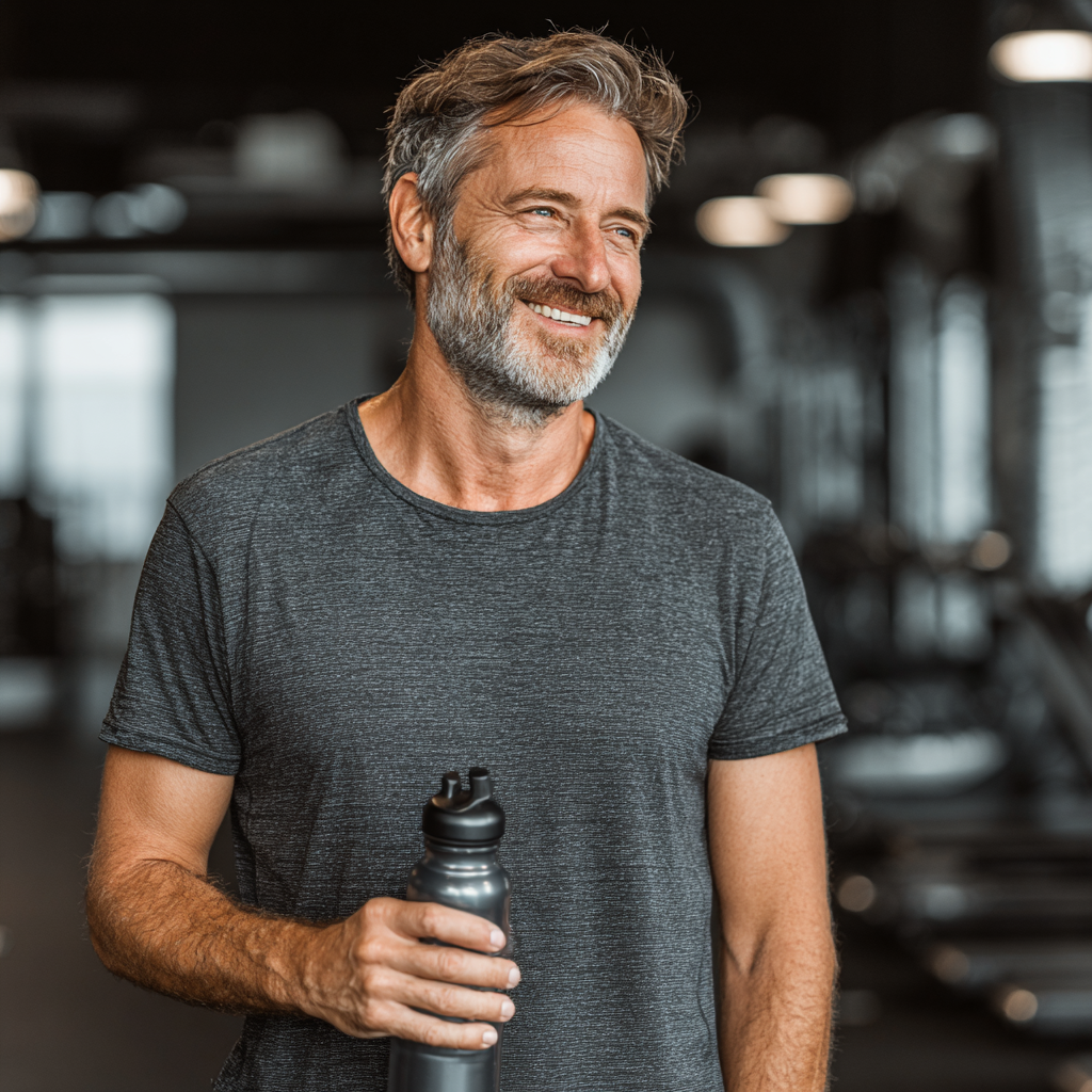 Happy mature man in his 40s after workout session, holding water bottle and smiling confidently in modern gym environment