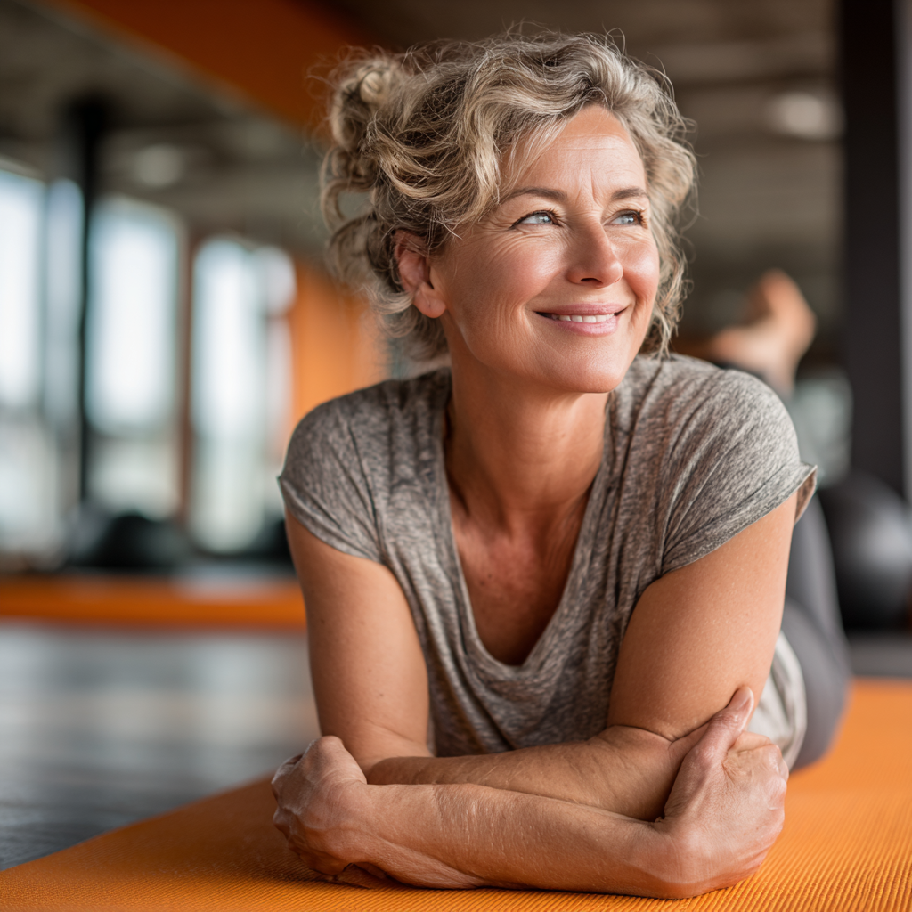 Mature woman in her 50s doing stretching exercises on yoga mat in bright fitness studio, smiling and focused on her wellness routine